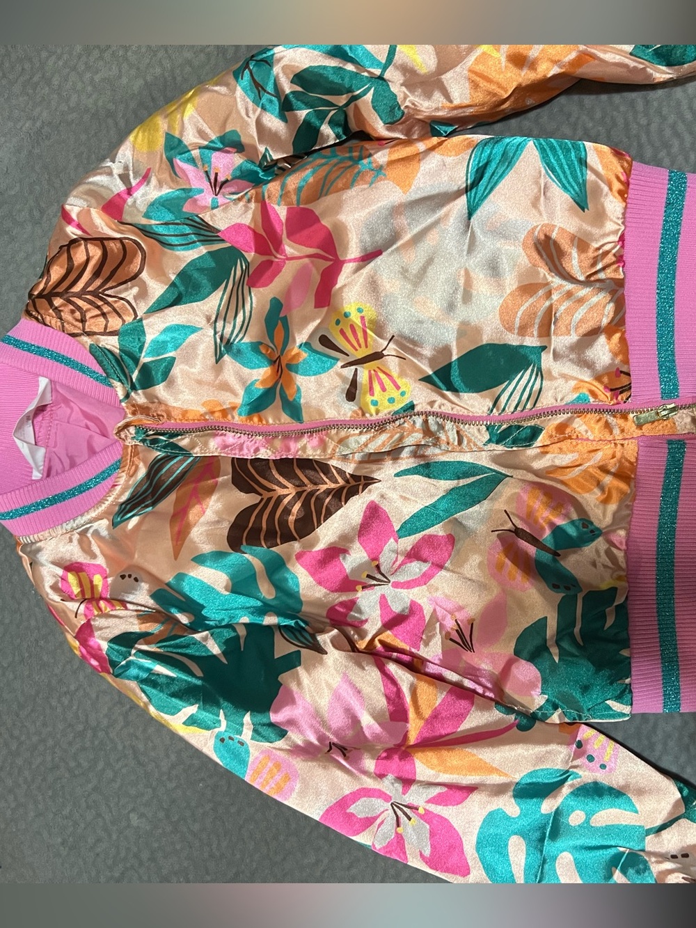 H&M Pink Satin Floral Bomber with Teal Accents